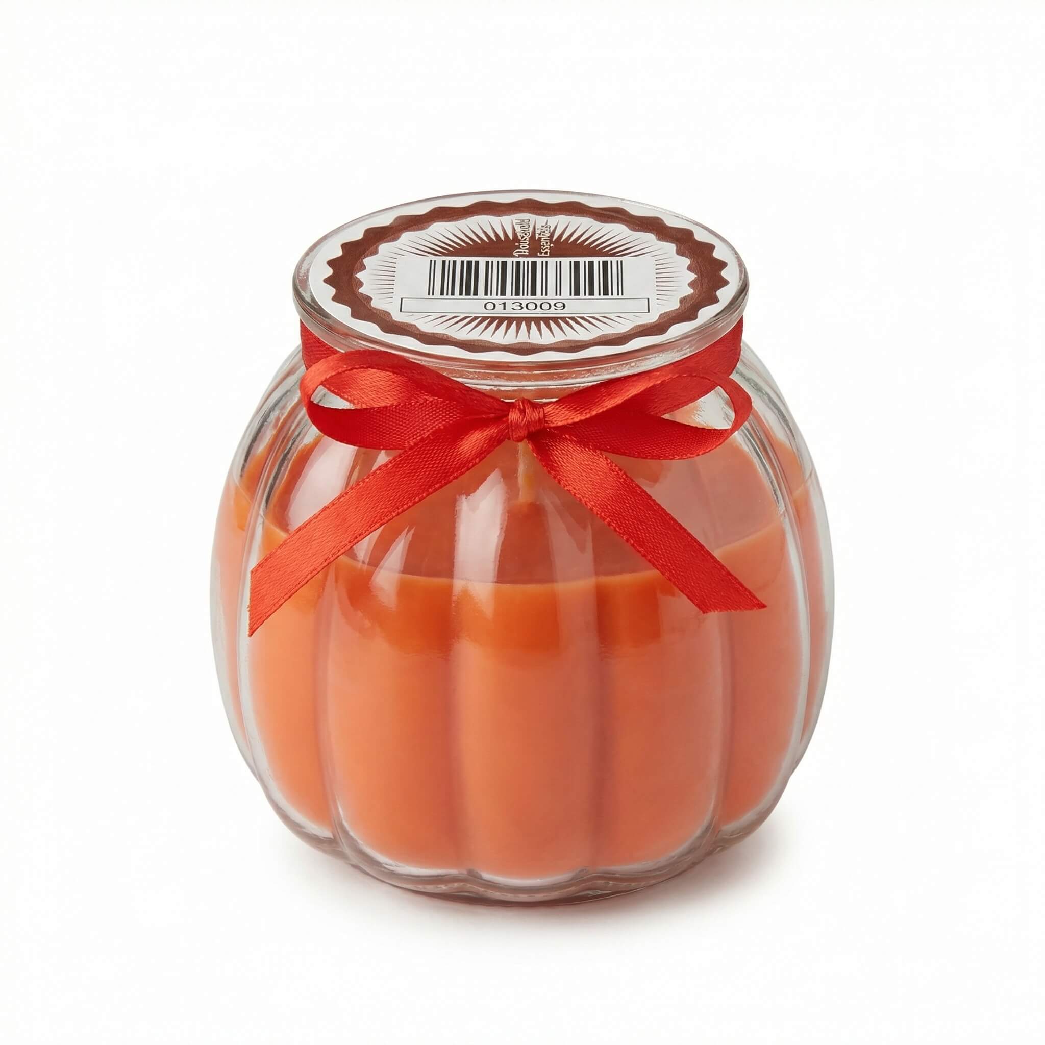 Scented Candle in Pumpkin Glass Jar with Red Ribbon