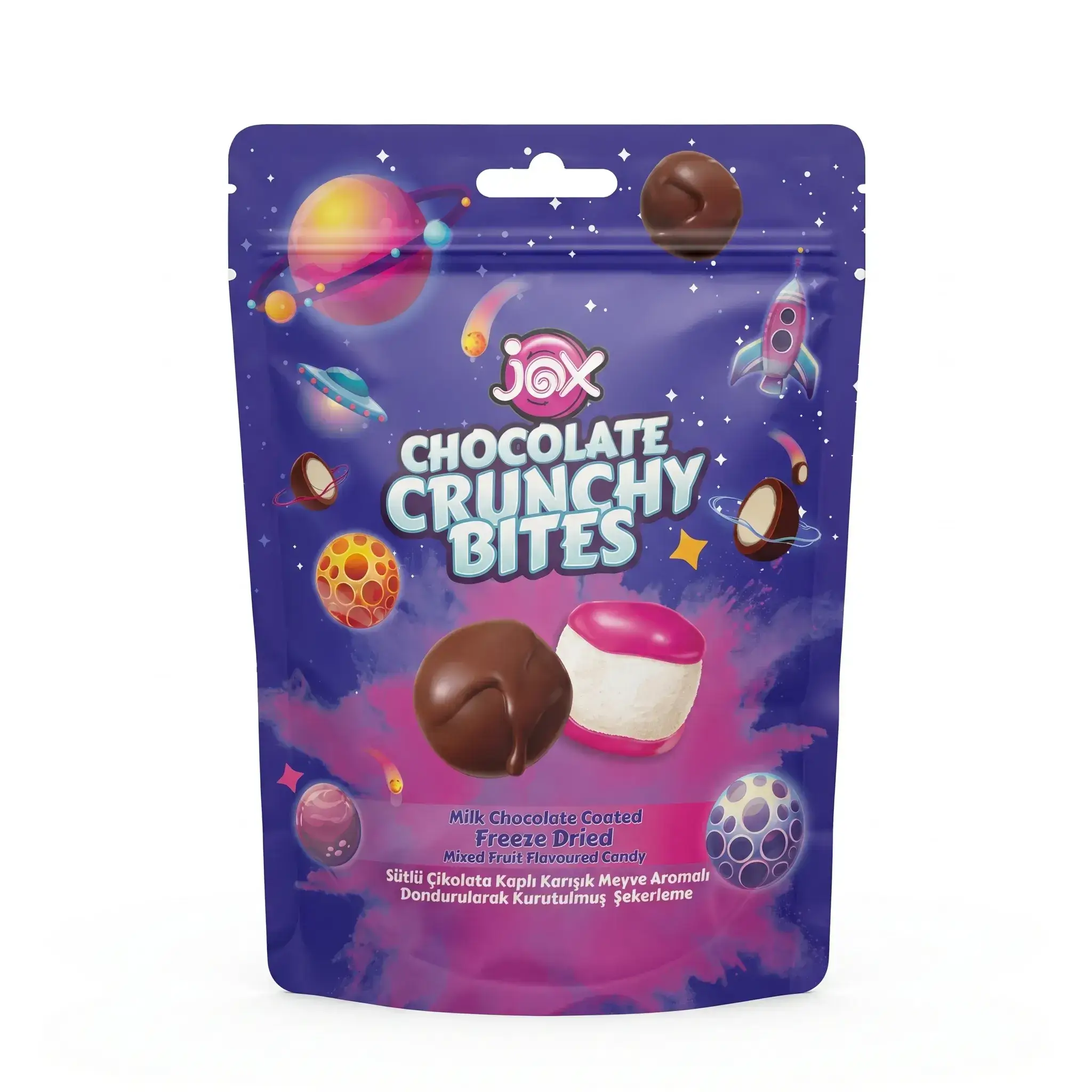 Jox Chocolate Crunchy Bites Milk Chocolate Coated Freeze Dried Mixed Fruit Flavoured Candy