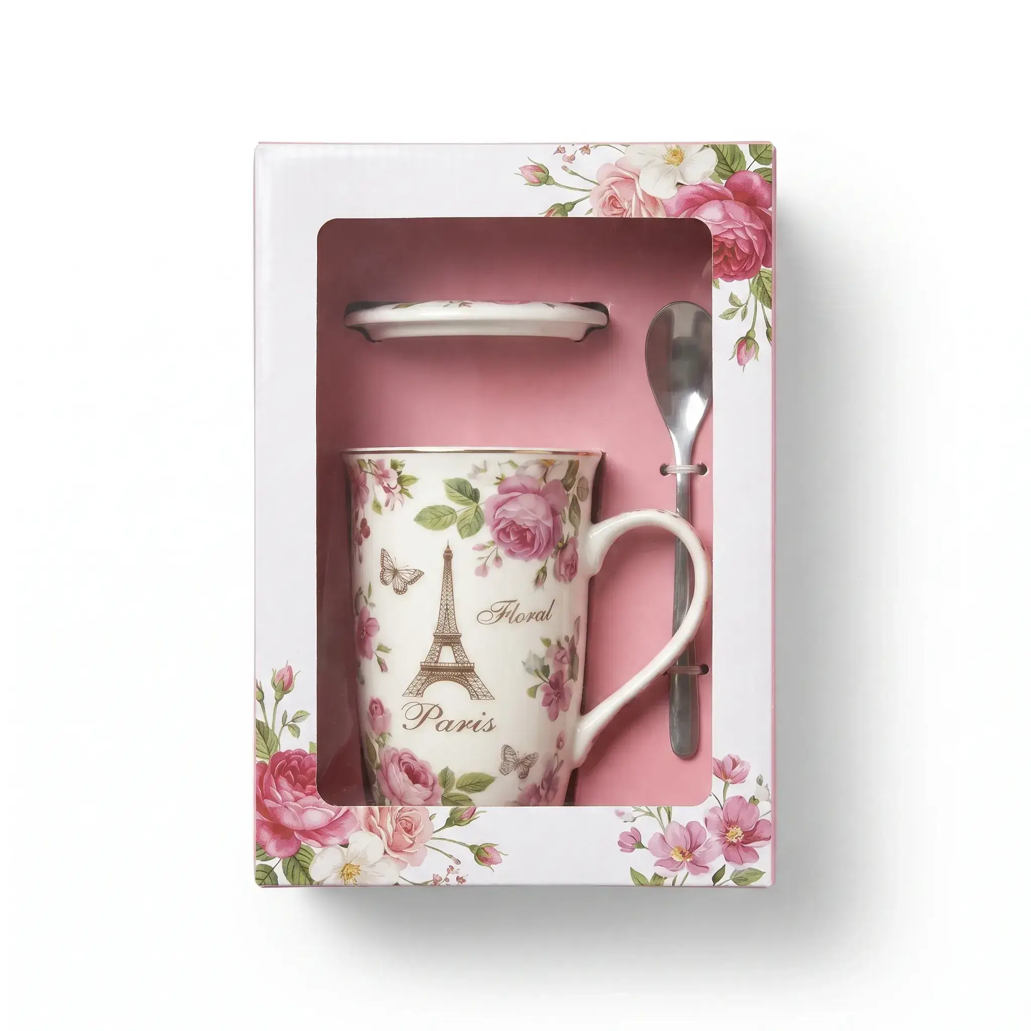 Paris Floral Ceramic Mug Set with Lid and Spoon