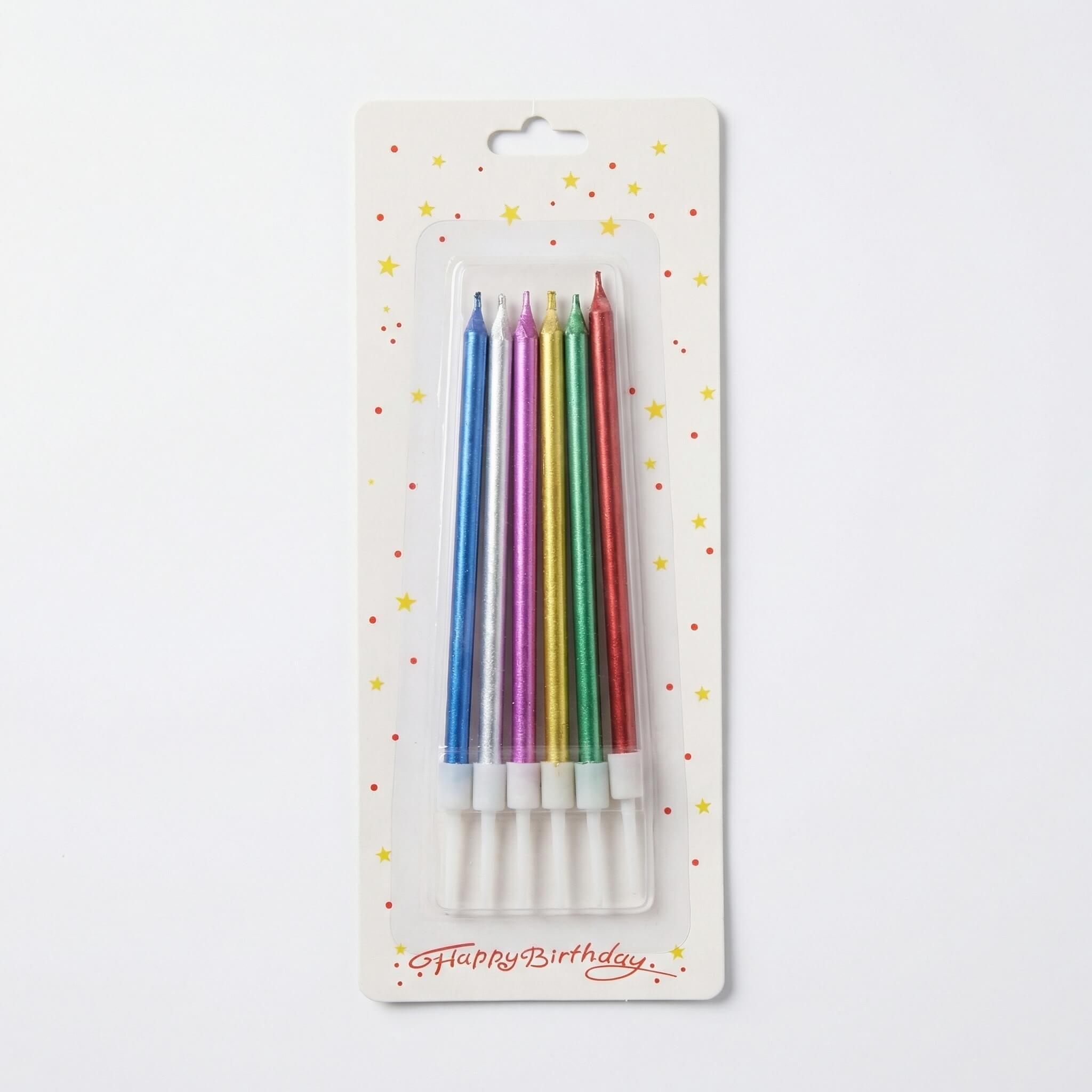Happy Birthday Metallic Long Candles - 6 Pieces