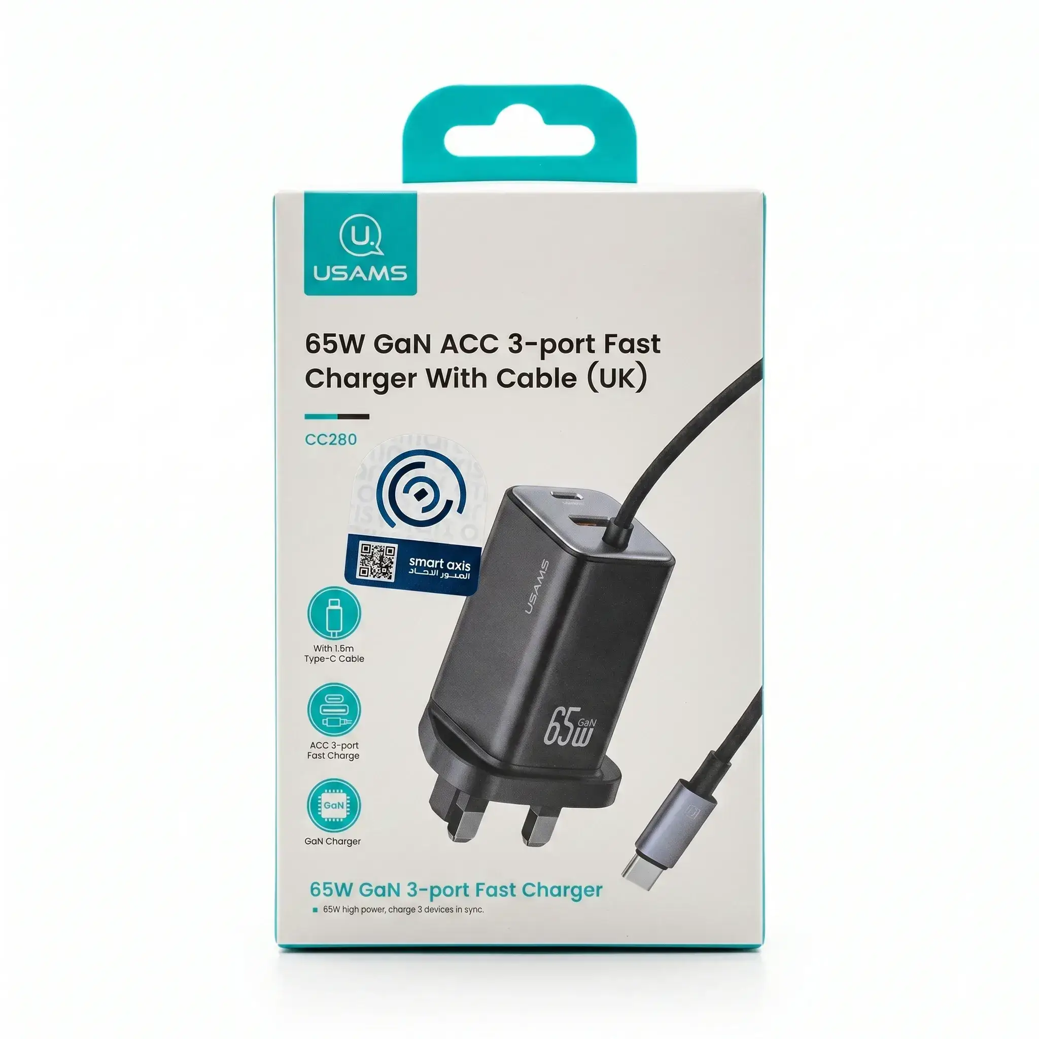 USAMS 65W GaN ACC 3-port Fast Charger With Cable (UK)