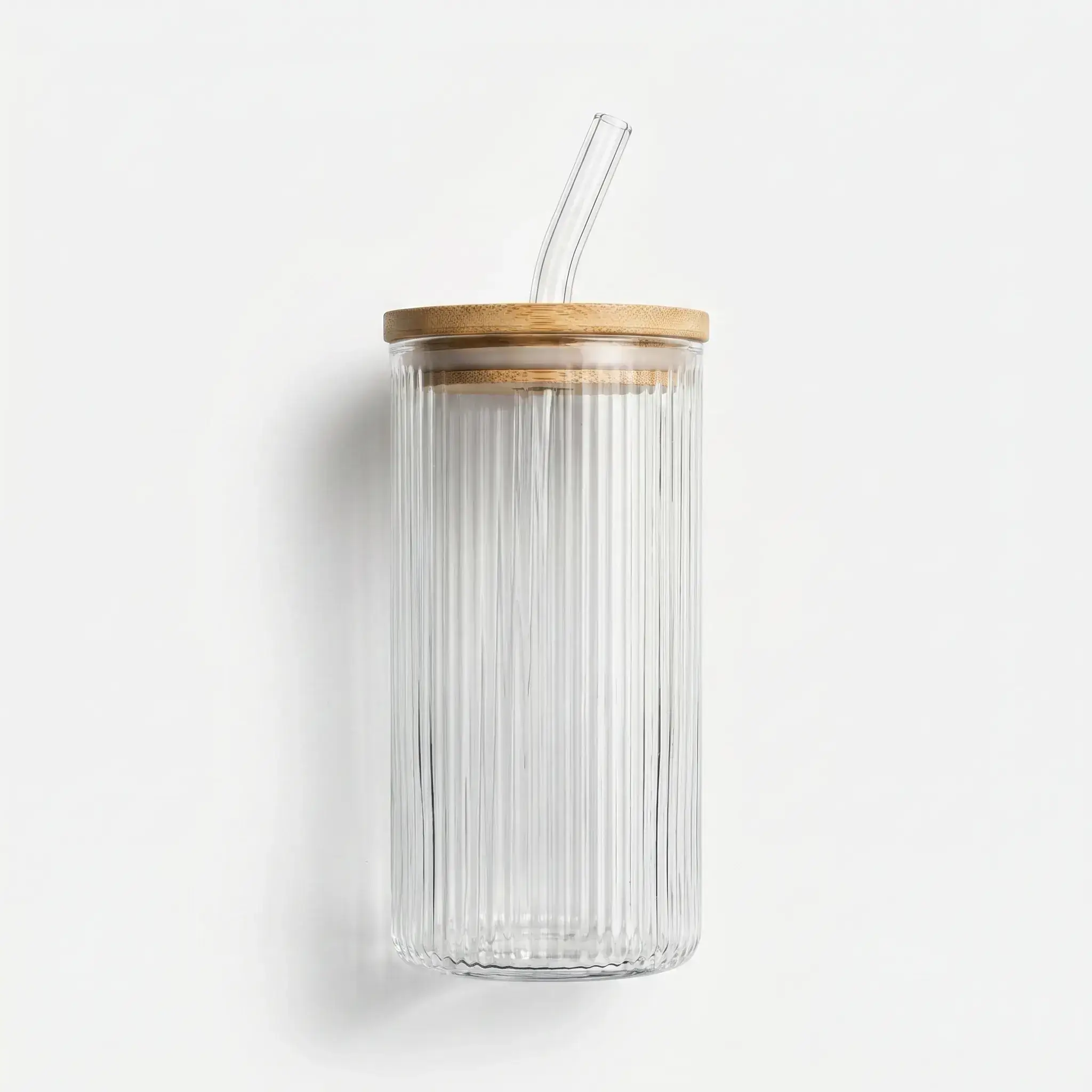 Ribbed Glass Cup with Bamboo Lid and Straw