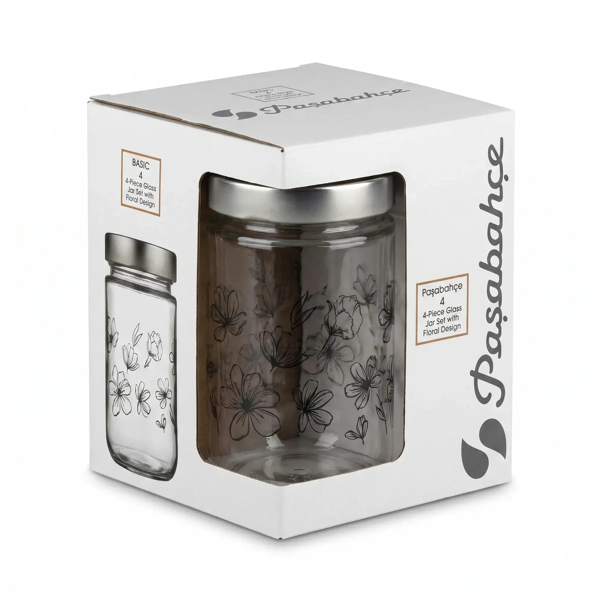 Paşabahçe Basic 4-Piece Glass Jar Set with Floral Design