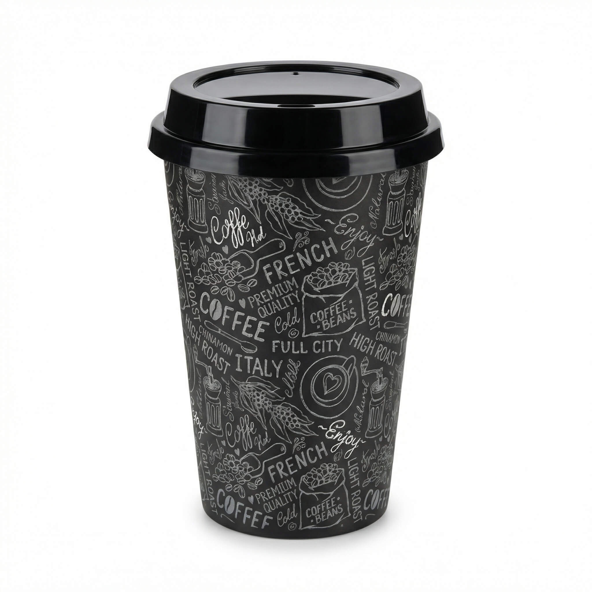 Reusable Coffee Travel Mug with Lid - Black Coffee Theme