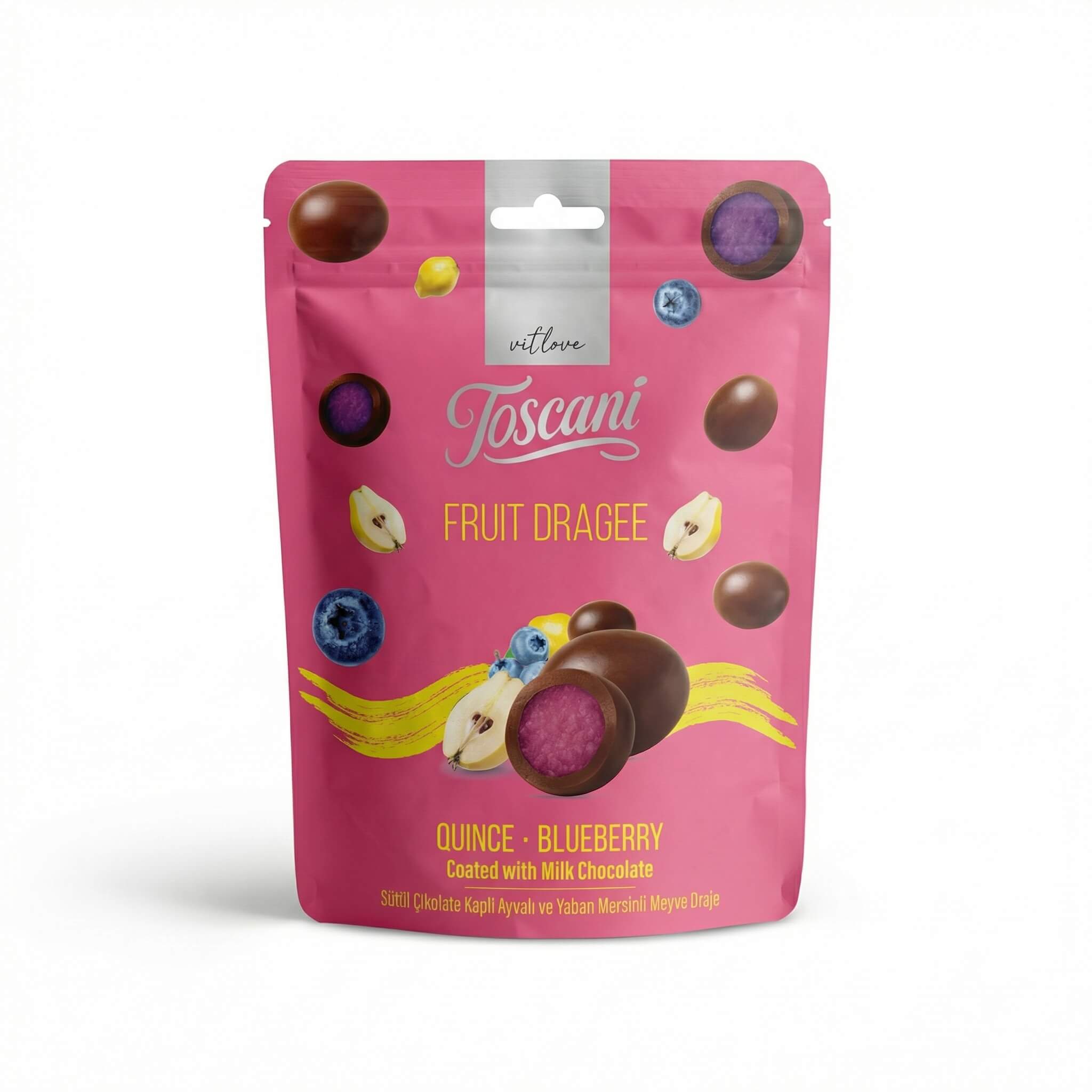 Toscani Fruit Dragee Quince & Blueberry Coated with Milk Chocolate