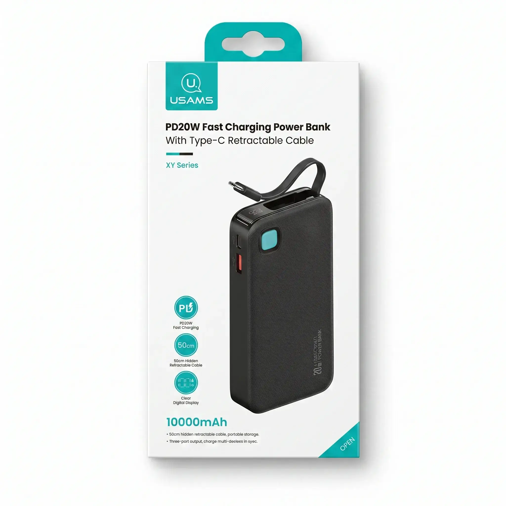 USAMS PD20W Fast Charging Power Bank With Type-C Retractable Cable 10000mAh