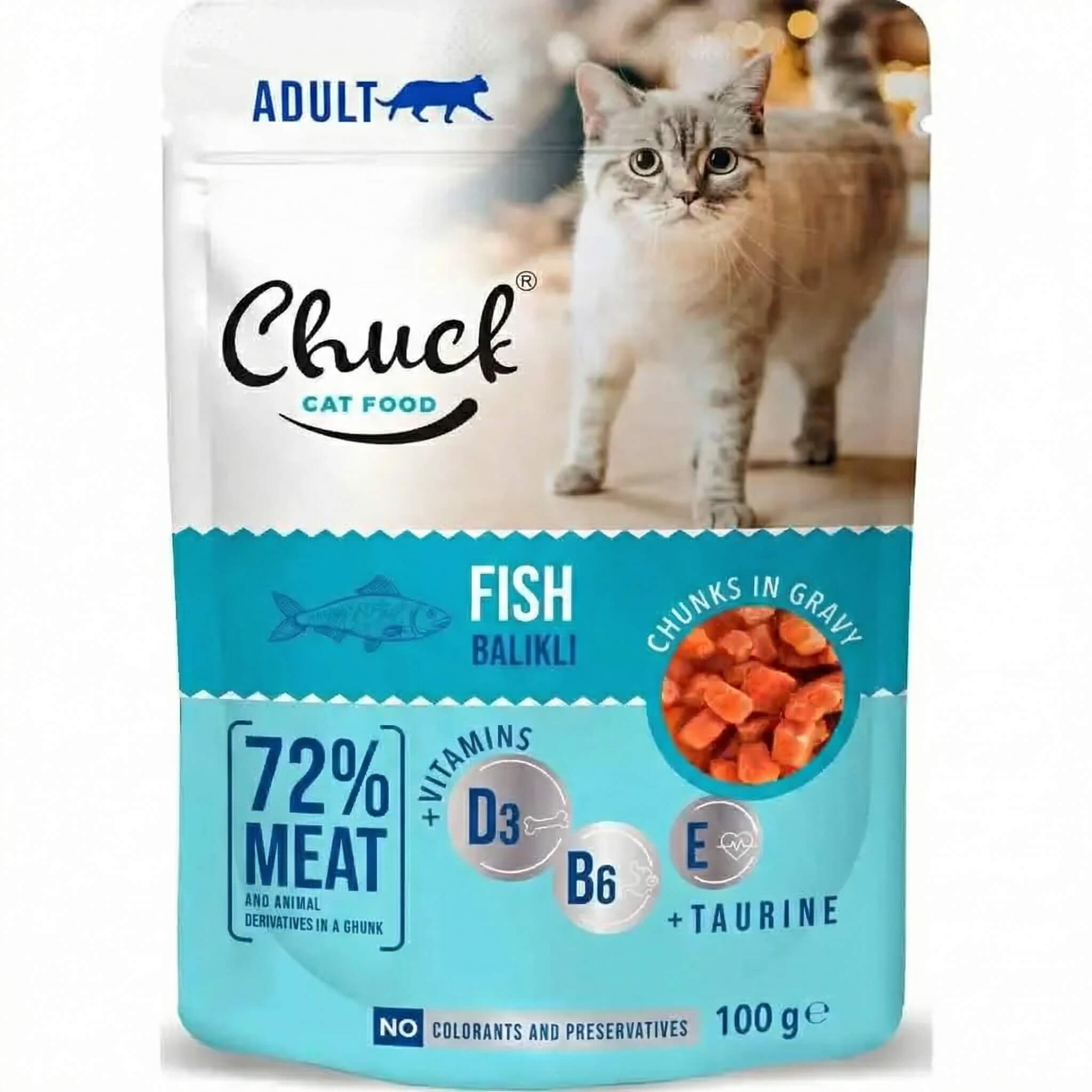 Chuck Adult Cat Food Fish Chunks in Gravy