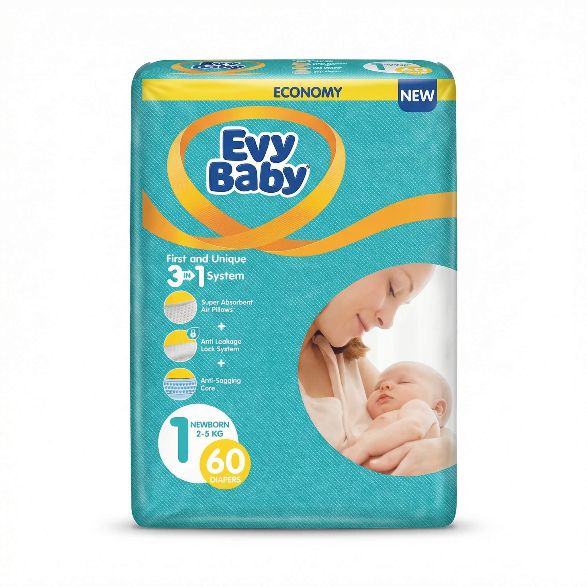 Evy Baby Newborn Diapers Size 1 (2-5 kg) 60 Count