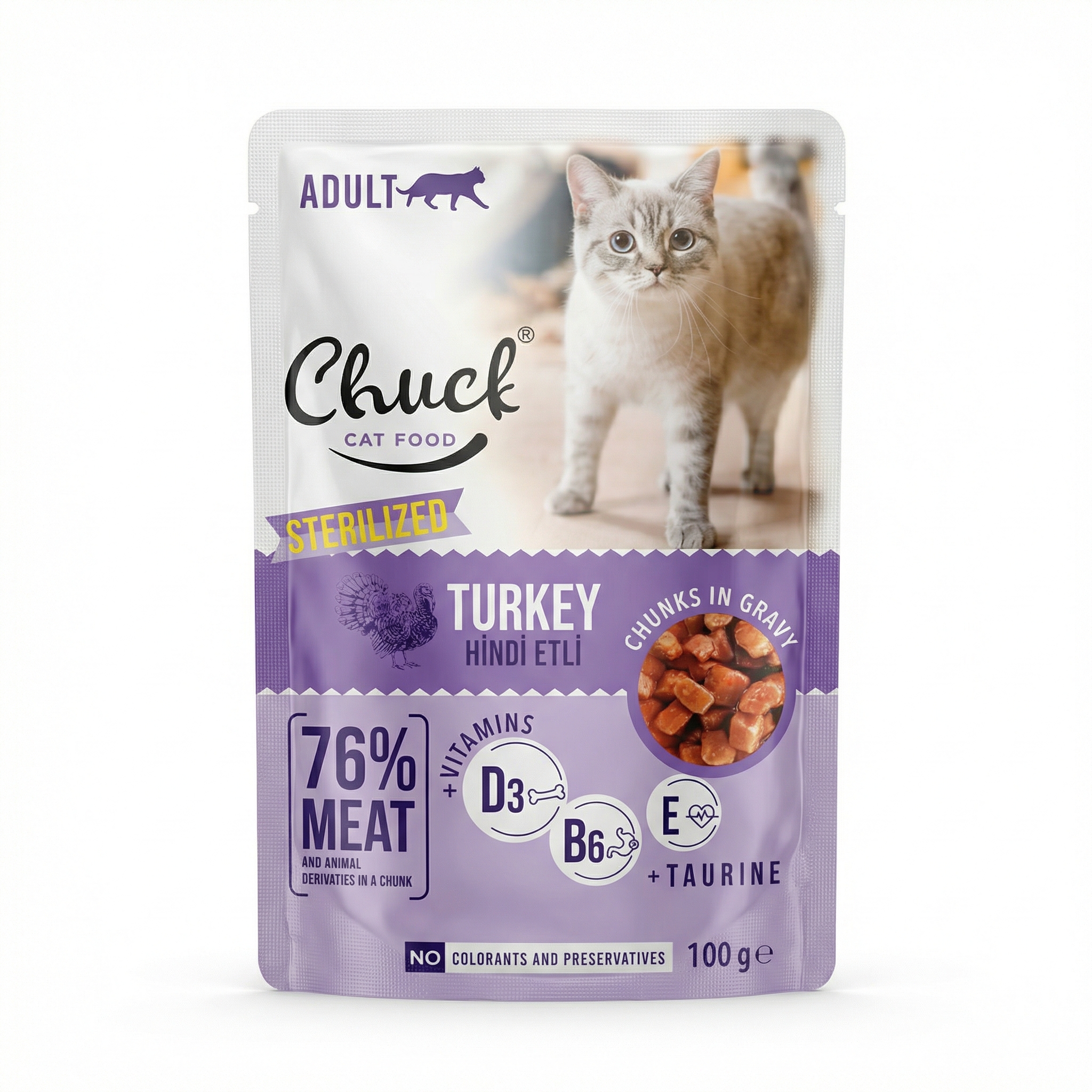 Chuck Sterilized Adult Cat Food with Turkey in Gravy